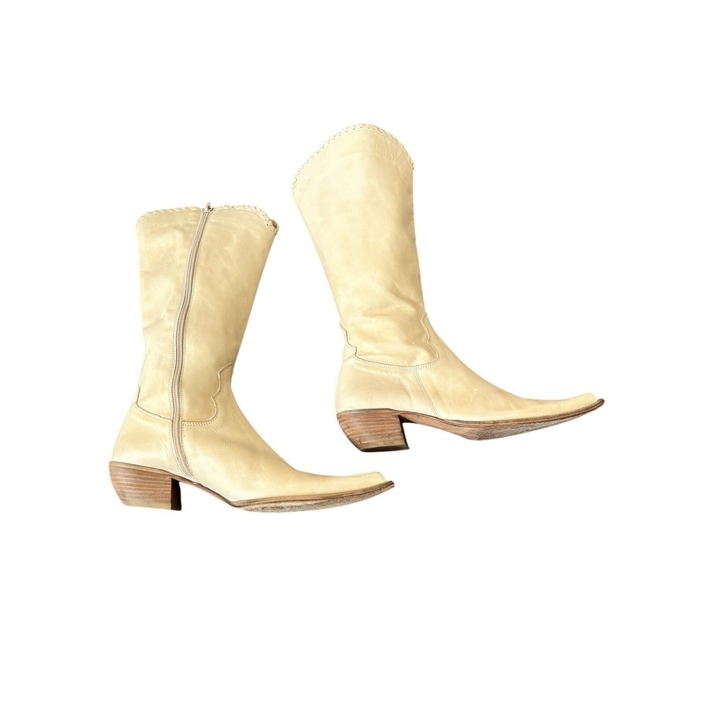 Vintage Pointed Toe Cream Italian Leather Western Boots Stacked Heel Zip Up 9 - Picture 7 of 16
